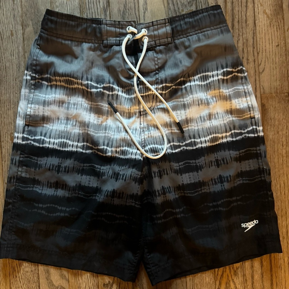 Speedo Men's Swim Board Shorts Black Gray White Striped Tie Dye Small Mesh Lined